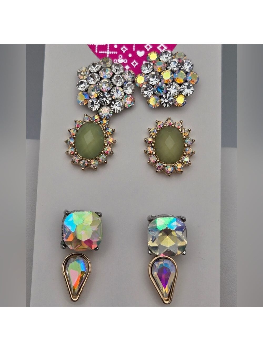 Vintage Set of 4 Aurora Borealis & Green Rhinestone Stud Earrings